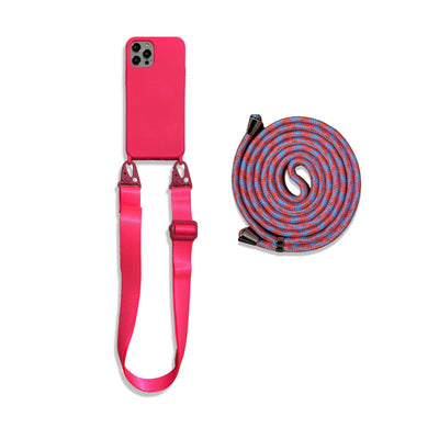 IPHONE - CROSSBODY PHONE CASE - NEON PINK - WIDE & ROPE STRAP DOUBLE BUNDLE